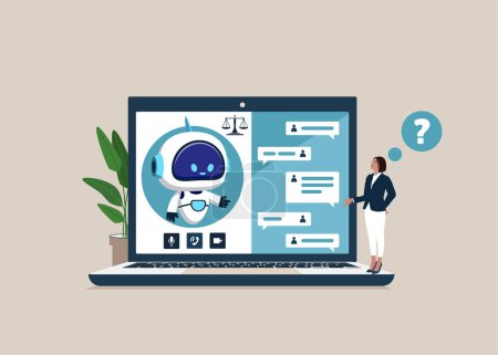 Online legal advice. Business person uses laptop for consulting with android attorney. Modern vector illustration in flat style