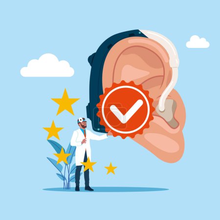  Doctors Audiologist Check Huge Ear, Otolaryngologist Character Checking Hearing. Otitis, Pain or Tinnitus Disease Treatment. Cochlear implant and hearing aid. 