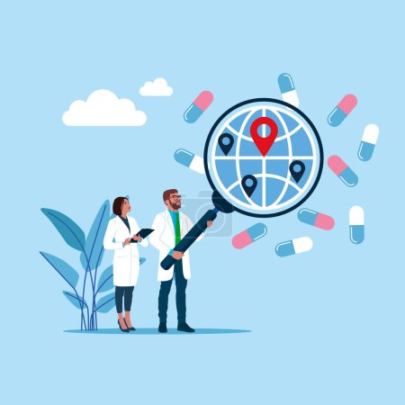 Illustration for Doctor hold magnifying with of Globe and pills under. People's health is under the control of doctors. Modern vector illustration in flat style - Royalty Free Image