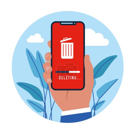 Téléchargez les illustrations : Cleaning phone or documents to waste bin smartphone. Modern vector illustration in flat style - en licence libre de droit