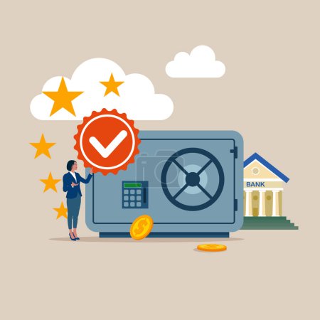  Quality Control and giving certified. The best bank safe. Concept of invest, banking, deposited, pension. Flat vector illustration