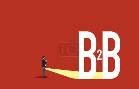 Business B2B-Konzept mit Geschäftsmann und Taschenlampe. Business-Deal. Ehrgeiz, Motivation und Inspiration. Moderne Vektorillustration im flachen Stil