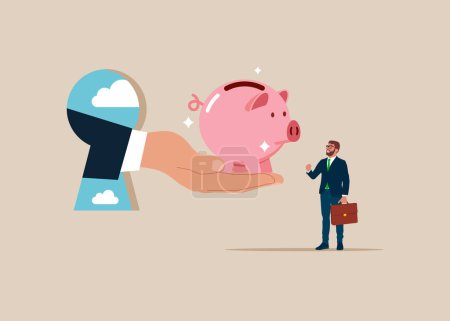  Boss hand give piggy bank to happy businessman. Career advancement, job promotion. Flat vector illustration.