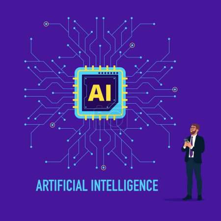  Businessman standing in artificial intelligence. Artificial intelligence technology. Flat vector illustration