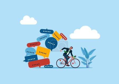 Illustration for Businessman with bicycle running away from away from collapsing stack of messages and spam. Modern vector illustration in flat style - Royalty Free Image