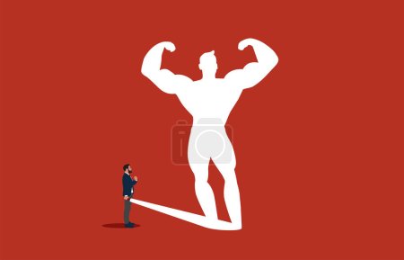 Illustration for Business bodybuilding concept with businessman and flashlight. Symbol of ambition, motivation and inspiration. Modern vector illustration in flat style - Royalty Free Image
