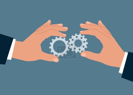 Illustration for Vector two hands with gears. Modern vector illustration in flat style. - Royalty Free Image