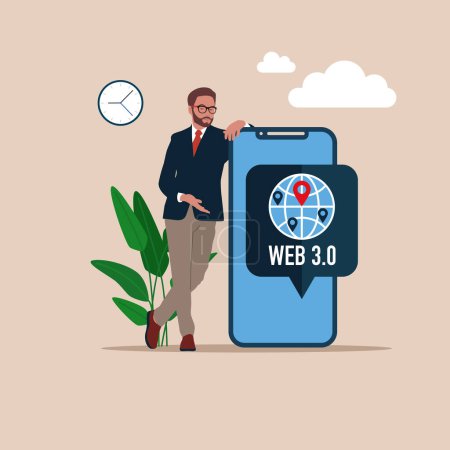 Téléchargez les illustrations : Homme d'affaires debout près de grand smartphone avec icône Web 3.0 Internet. Illustration vectorielle moderne en style plat - en licence libre de droit