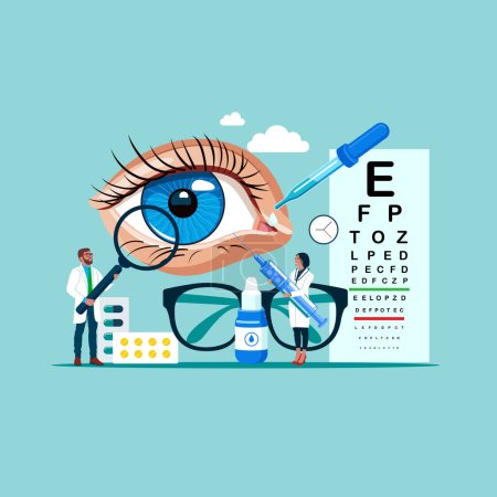 Augenoperationen zur Behandlung von Augenkrankheiten. Augenärzte überprüfen das Sehvermögen des Patienten. Arzt macht Augenlaser-Korrektur. Augenheilkunde, Augenchirurgie. Moderne Vektorillustration im flachen Stil. 