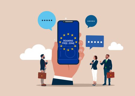 Ilustración de Gente de negocios con smartphone y roaming Zona franca Unión Europea.Éxito inversión a largo plazo. Ilustración vectorial moderna en estilo plano - Imagen libre de derechos