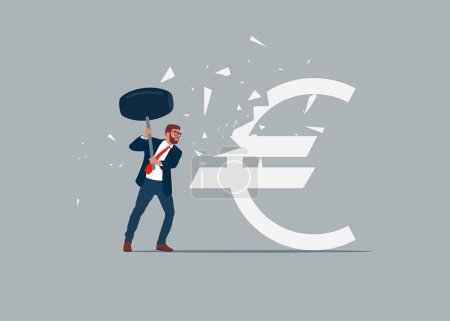 Illustration for Businessman  uses sledgehammer and attack euro sign. Flat vector illustration. - Royalty Free Image