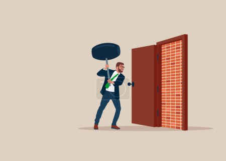 Illustration for Businessman open exit door and found brick wall blocking the way. Man with sledgehammer about to brick wall blocking the way. Business dead end obstacle and difficulty to overcome. - Royalty Free Image