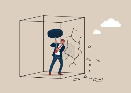 Ilustración de Empresario sosteniendo martillo para romper el cubo de vidrio. Ilustración vectorial plana - Imagen libre de derechos