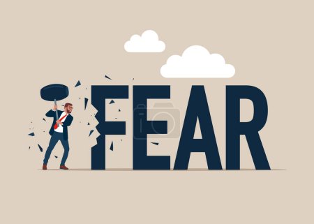 Illustration pour Homme d'affaires tenant marteau de traîneau frappant mot peur. Surmonter le concept de peur. Illustration vectorielle plate - image libre de droit