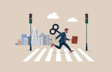 Illustration for Businessman running with wind-up key. Crossing Road by Crosswalk with Zebra Markup. Flat vector illustration. - Royalty Free Image