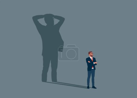 Confident businessman standing with fear shadow. Lack of self confidence at work. Impostor syndrome problem. Flat vector illustration.