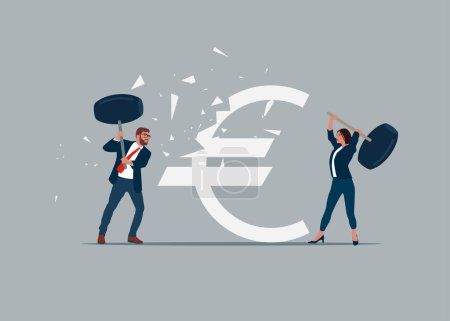 Illustration for Business people  uses sledgehammer and attack euro sign. Flat vector illustration. - Royalty Free Image