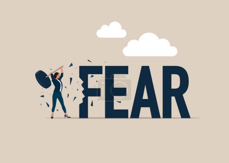 Ilustración de Mujer sosteniendo el martillo golpeando la palabra miedo. Superar el concepto del miedo. Ilustración vectorial plana - Imagen libre de derechos