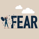 Female holding sledgehammer hitting FEAR word. Overcoming fear concept. Flat vector illustration