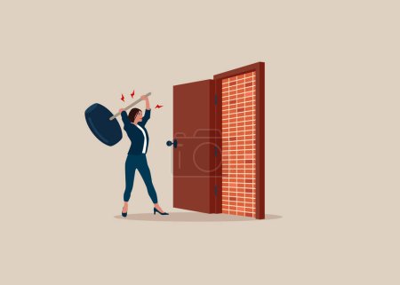 Illustration for Female with sledgehammer about to brick wall blocking the way. Business dead end obstacle and difficulty to overcome. Flat vector illustration - Royalty Free Image