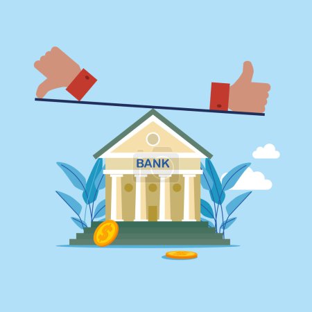 Illustration for Balance on seesaw with thumb up and thumb down on top of bank building. Financial or business risk or safety. Modern vector illustration in flat style - Royalty Free Image