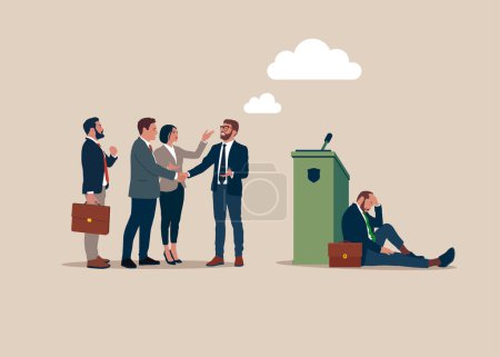 Illustration for Excommunicated ostracised businessman, sad depressed frustrated man. Modern vector illustration in flat style - Royalty Free Image