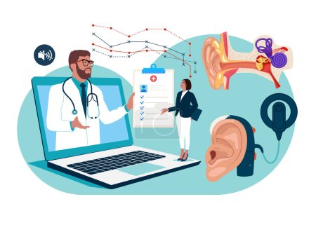 Illustration for Online Audiologist ENT-Doctor onsultate with a patient. Otitis, Pain or Tinnitus Disease Treatment. Cochlear implant and hearing aid. Flat vector illustration - Royalty Free Image
