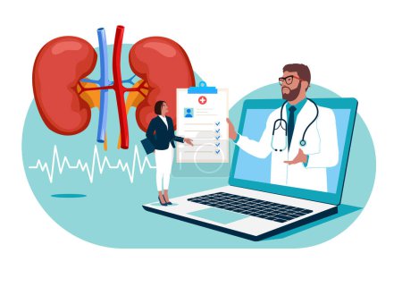 Illustration for Online Doctor consultate with a patient. Medical specialist studying donor inner organ. Examining kidneys flat vector illustration. Medicine, physiology and pharmacy research. - Royalty Free Image