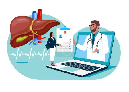 Illustration for Online Doctor consultate with a patient. Doing medical research, examination, check health. Hepatitis World Day. Concept of liver disease, cirrhosis, cancer awareness, medical treatment - Royalty Free Image
