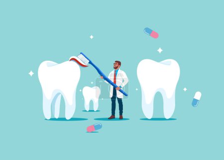 Dentista Cuidado de los dientes con cepillo de dientes. Dental Clinic Concept. Cuidado dental. Ilustración de vectores planos