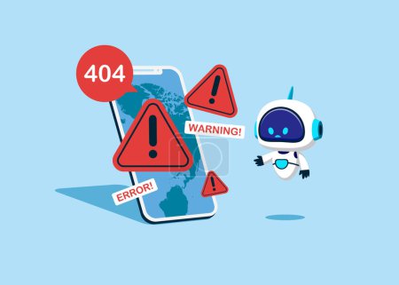 Illustration for Site  Construction with Artificial intelligence robot at Huge display smartphone with Internet Problem Warning. System Work Error, 404 Maintenance Page Not Found. Flat vector illustration - Royalty Free Image