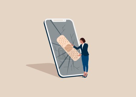 Illustration for Woman seals the crashed screen mobile with adhesive plaster. Flat vector illustration - Royalty Free Image