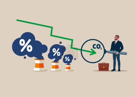 Illustration for Businessman hold magnifying glass with change the Carbon CO2 Level. Stop air pollution, co2 , ecological problems. Cutting harmful industry emissions. Flat vector illustration. - Royalty Free Image