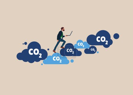 Illustration for Responsibility of co2 emission environmental conservation. Businessman running with laptop. Flat vector illustration. - Royalty Free Image