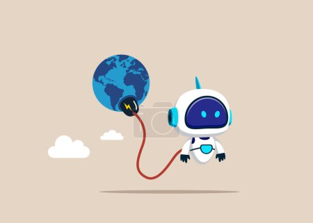 Téléchargez les illustrations : Robot avec intelligence artificielle avec prise électrique aspirant l'énergie de la planète Terre. Illustration vectorielle plate - en licence libre de droit