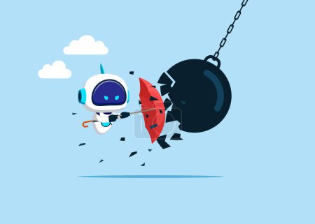 Robot with artificial intelligence holding an open red umbrella which protects from a collision with a broken wrecking ball. Safety measures. IT defense. Insurance and protection. 