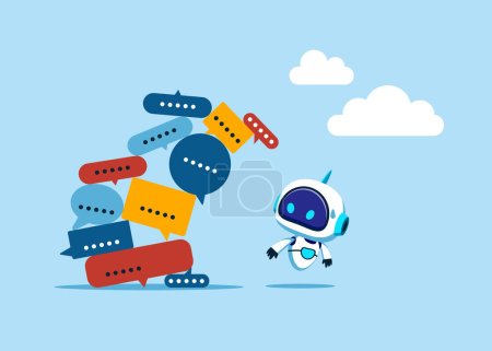 Illustration for Robot with artificial intelligence run away from away from collapsing stack of messages and spam. Modern vector illustration in flat style - Royalty Free Image