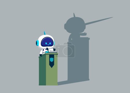 Robot con inteligencia artificial con la nariz larga hablar antes de noticias falsas. Robot miente sobre la verdad. Ilustración vectorial plana