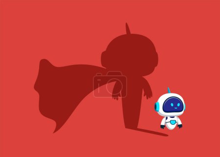 Illustration for Robot with artificial intelligence dreams of becoming a superhero. Confident handsome robot standing superhero shadow concept illustration. - Royalty Free Image