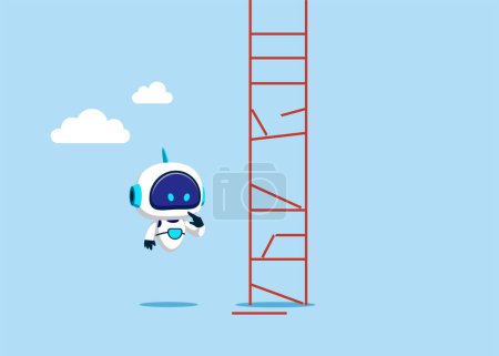 Illustration for Robot with artificial intelligence look at broken ladder. Obstacle Business concept. Flat vector illustration - Royalty Free Image