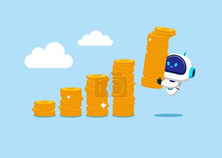 Robot with artificial intelligence holding high stack of dollar money coins to put as growth compound graph. Flat vector illustration