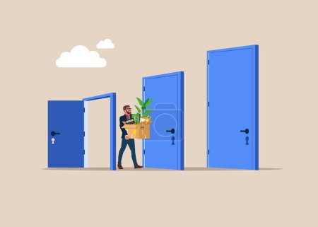 Illustration for Businessman goes through door. Career growth and development, steps to achieve goal, strategy. - Royalty Free Image