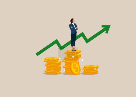 Illustration for Businesswoman standing on first podium coin piles . Success in business and career. Flat vector illustration. - Royalty Free Image