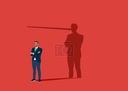 Illustration for Businessman or politician with long nose lier talk about fake news. Politician lies about truth. Flat vector illustration - Royalty Free Image