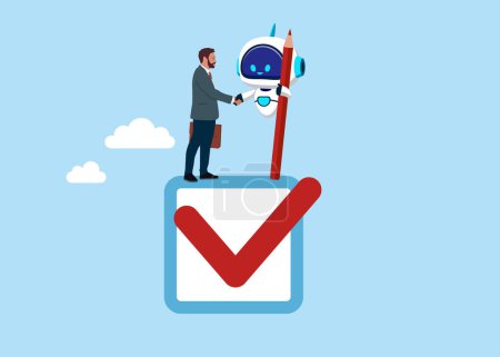 Illustration for Businessman and robot handshake completed checkbox. Commitment, promise or agreement to deliver, trust on work responsibility. Flat vector illustration. - Royalty Free Image