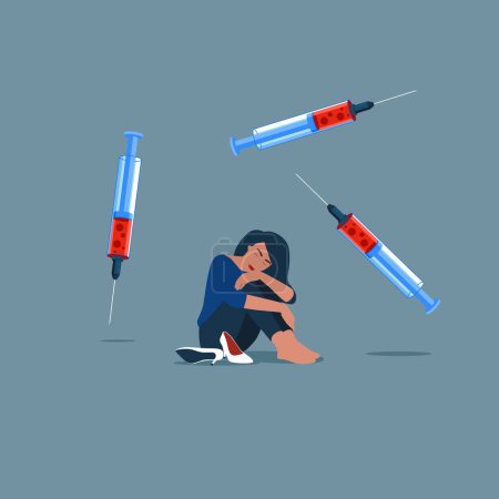 Illustration for Fear of needles and syringe. Suffering panic attack and feeling dizzy. Depressed businessman feeling despair. International Day against Drug Abuse and Illicit Trafficking. - Royalty Free Image