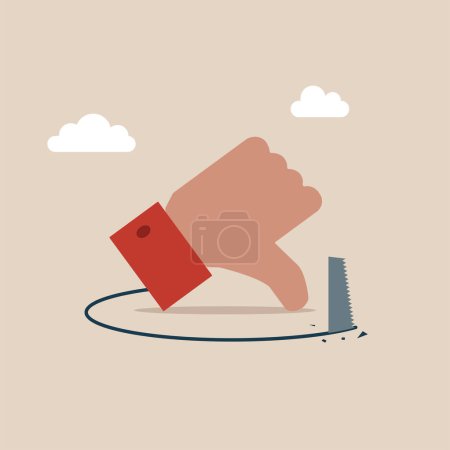 Illustration for Thief sawing the floor to make the thumb up collapse falling down. Hard work for good feedback. Stress and failure. Flat vector illustration. - Royalty Free Image