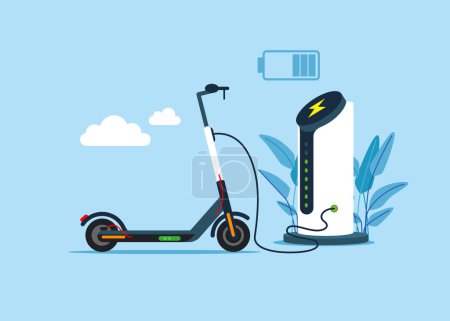 Téléchargez les illustrations : Transport urbain écologique. Chargeur de batterie scooter électrique. Station de recharge scooter public. Énergie verte durable pour l'environnement écologique. Illustration vectorielle plate - en licence libre de droit