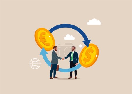 Illustration for Businesspeople shaking hand. Currency exchange. Euro coin to dollar icon concept. Money conversion. Flat vector illustrations. - Royalty Free Image