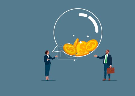 Couple talk or have lively discussion. Productive dialogue or conversation between man and woman. Speech bubble filled with metal dollar coins. Money talks. Flat vector illustration